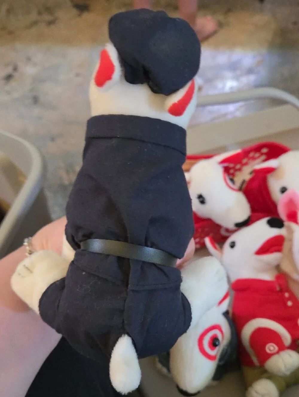 Target White Bullseye Plush Dog in Black Outfit